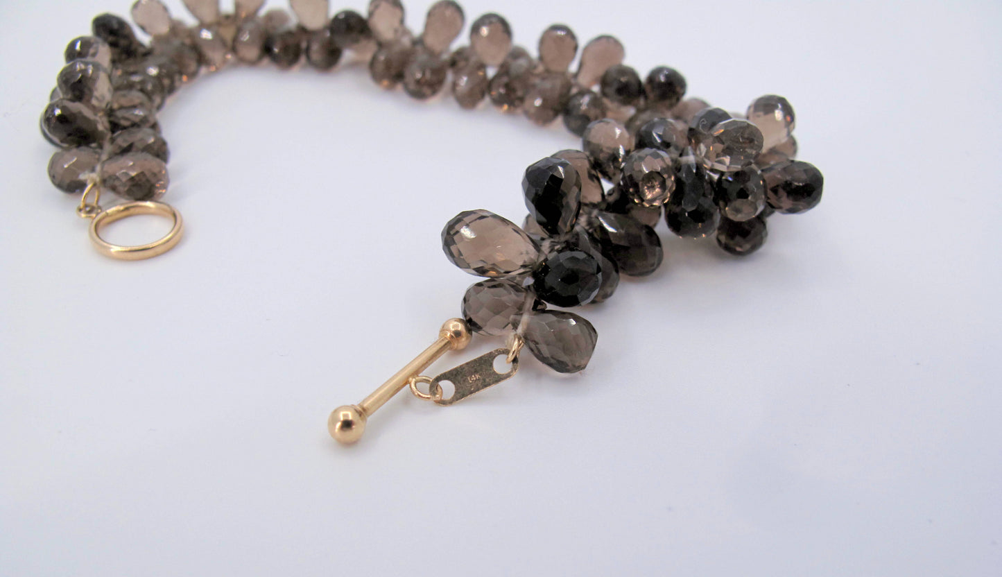 14k Gold Briolette Smokey Quartz Ladies Bracelet Fine Jewelry 7" Long