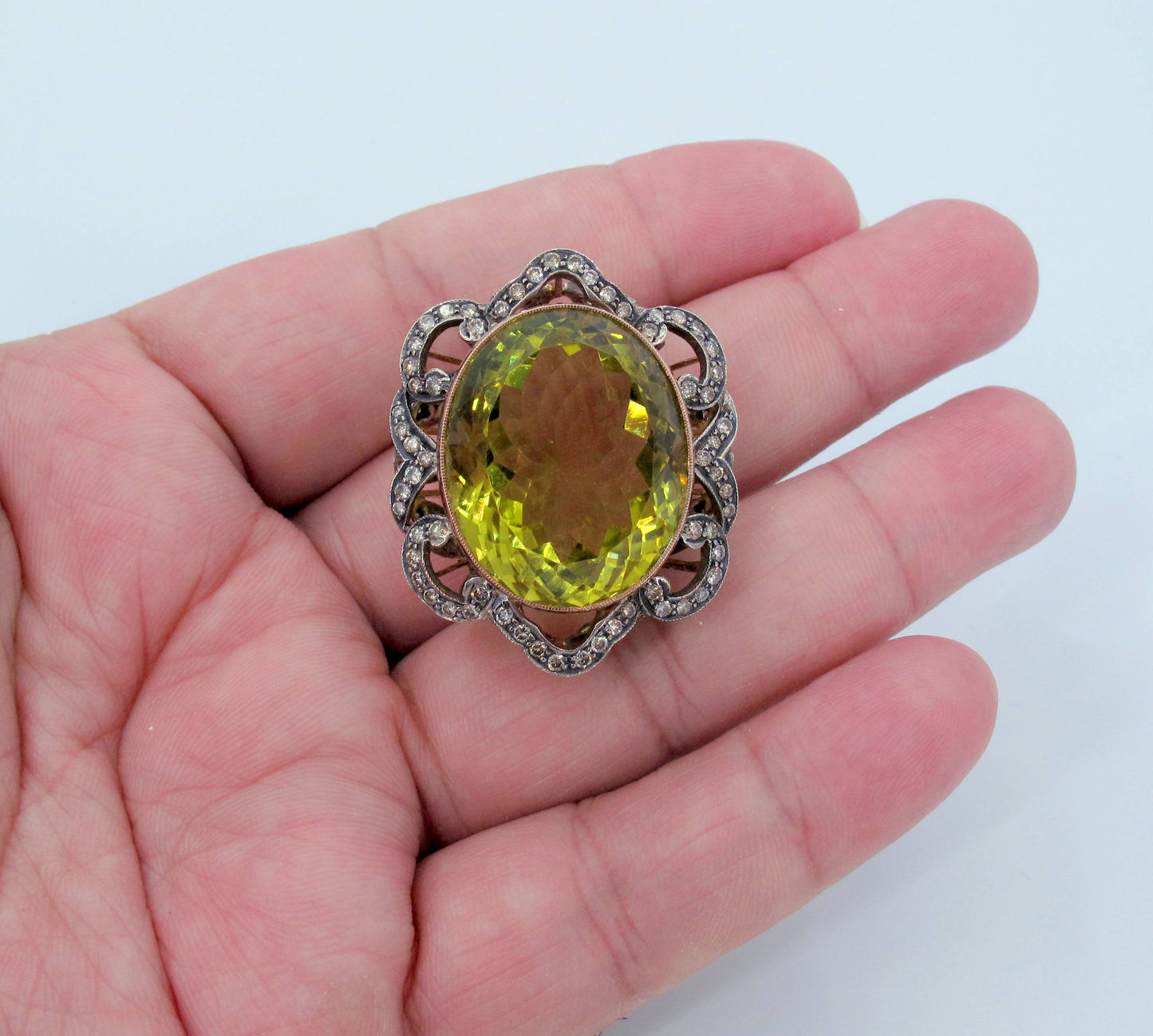 Vintage 18K Gold & Sterling Silver Citrine & Diamond Pendant Fine Jewelry