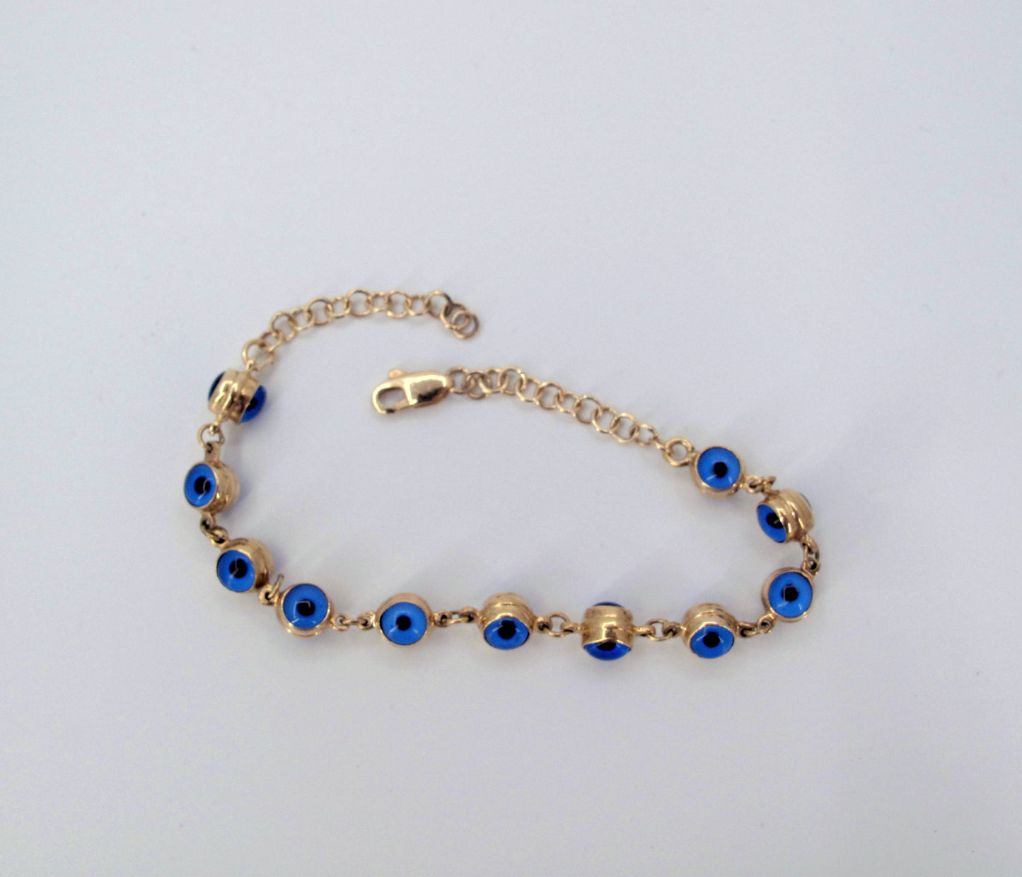 Estate 14K Gold Blue Evil Eye Ladies Bracelet Fine Jewelry 7.5" Long