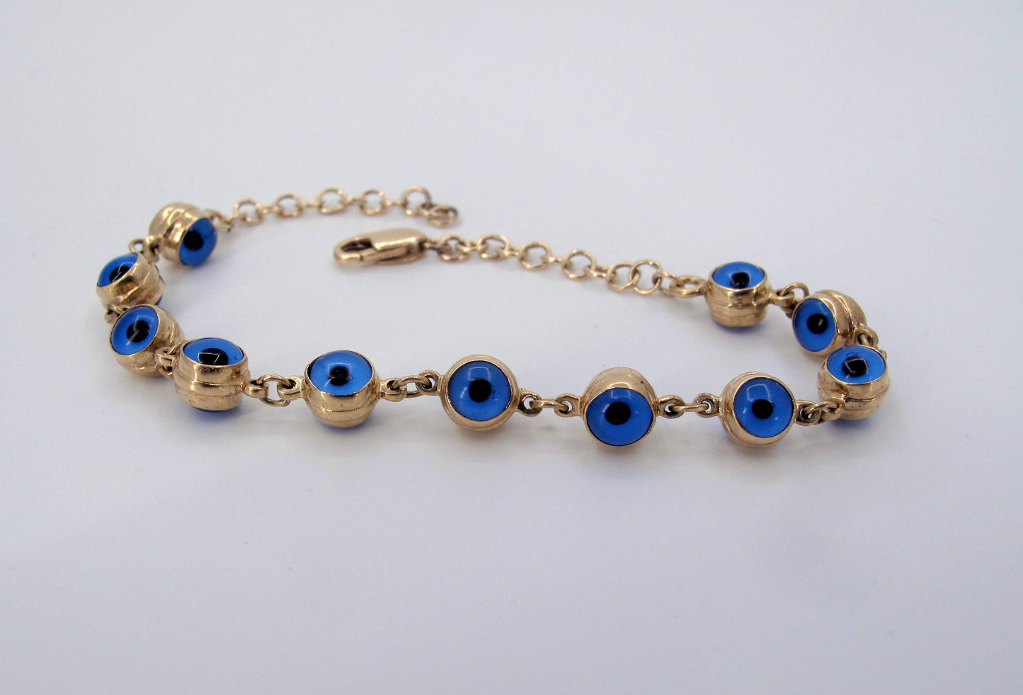 Estate 14K Gold Blue Evil Eye Ladies Bracelet Fine Jewelry 7.5" Long