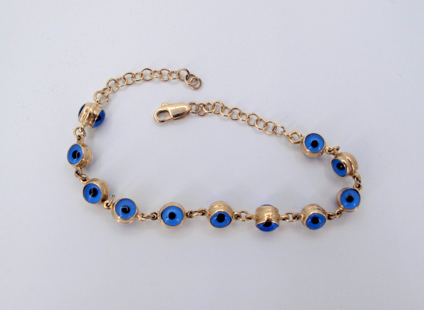 Estate 14K Gold Blue Evil Eye Ladies Bracelet Fine Jewelry 7.5" Long