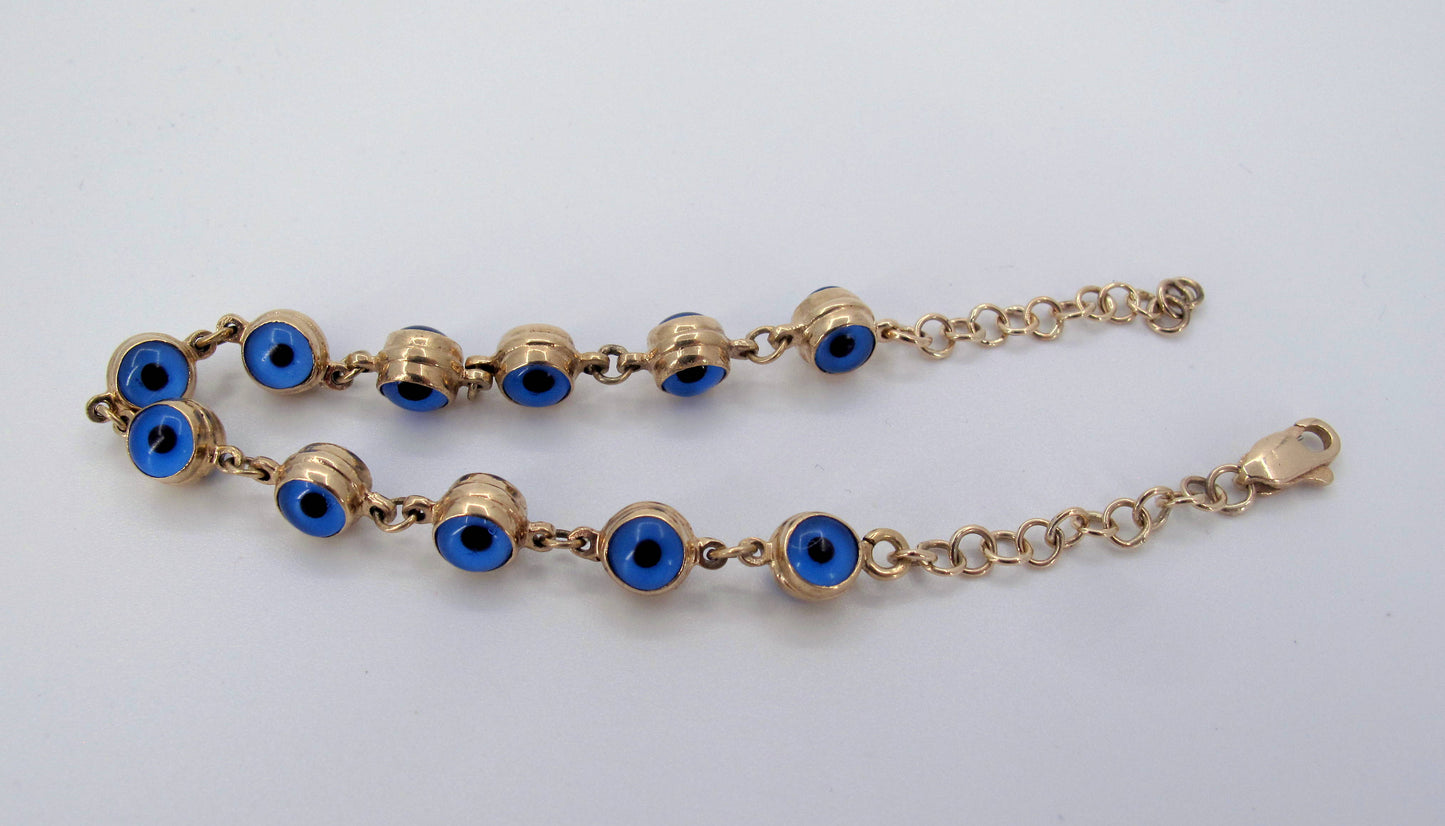 Estate 14K Gold Blue Evil Eye Ladies Bracelet Fine Jewelry 7.5" Long