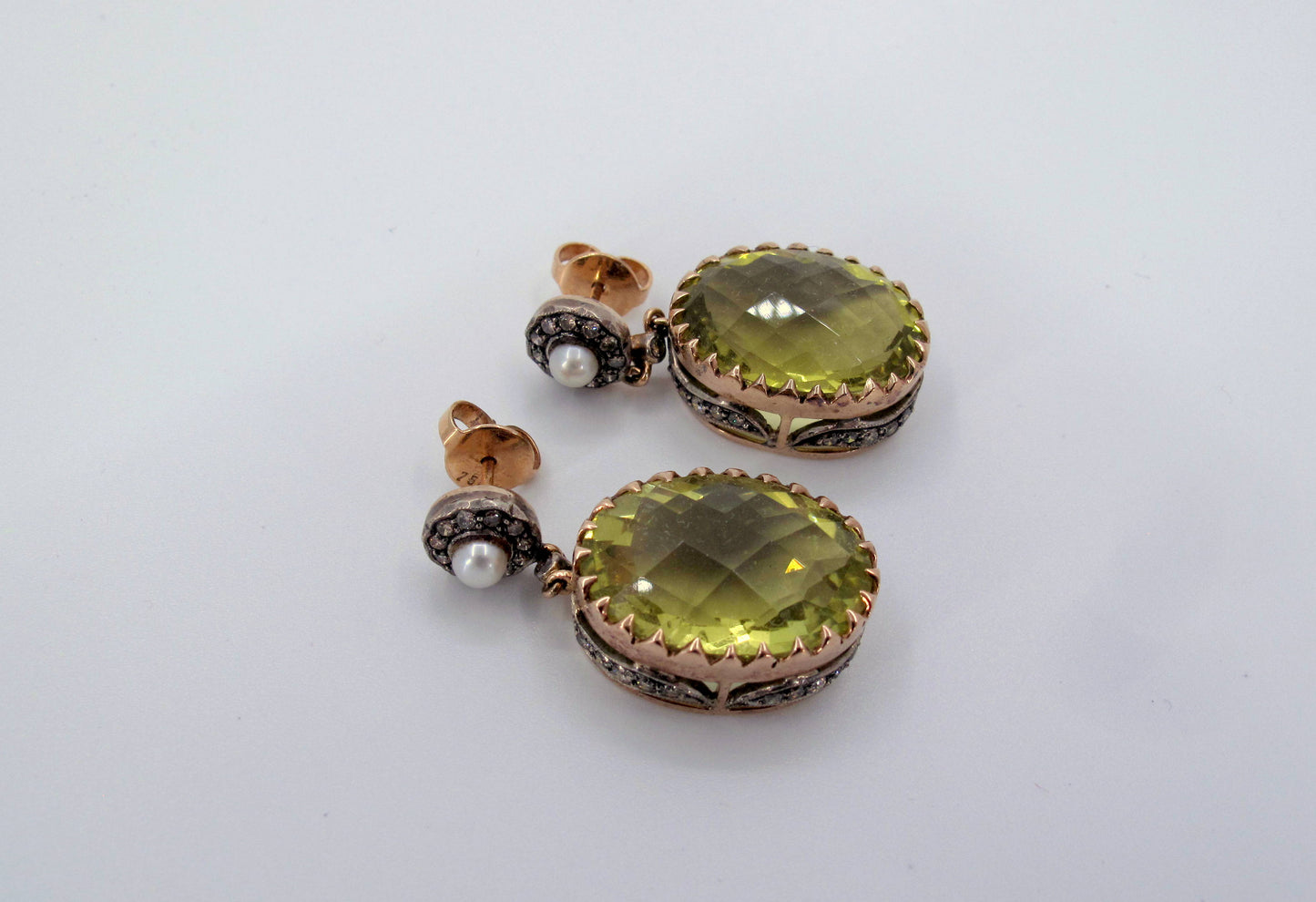 Vintage 18K Gold & Sterling Silver Citrine & Diamond Dangle Ladies Earrings