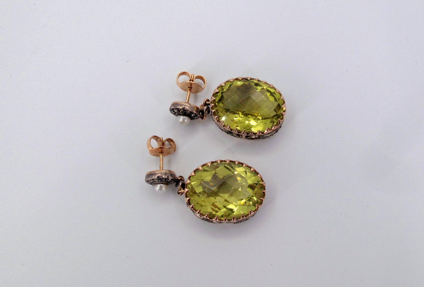 Vintage 18K Gold & Sterling Silver Citrine & Diamond Dangle Ladies Earrings