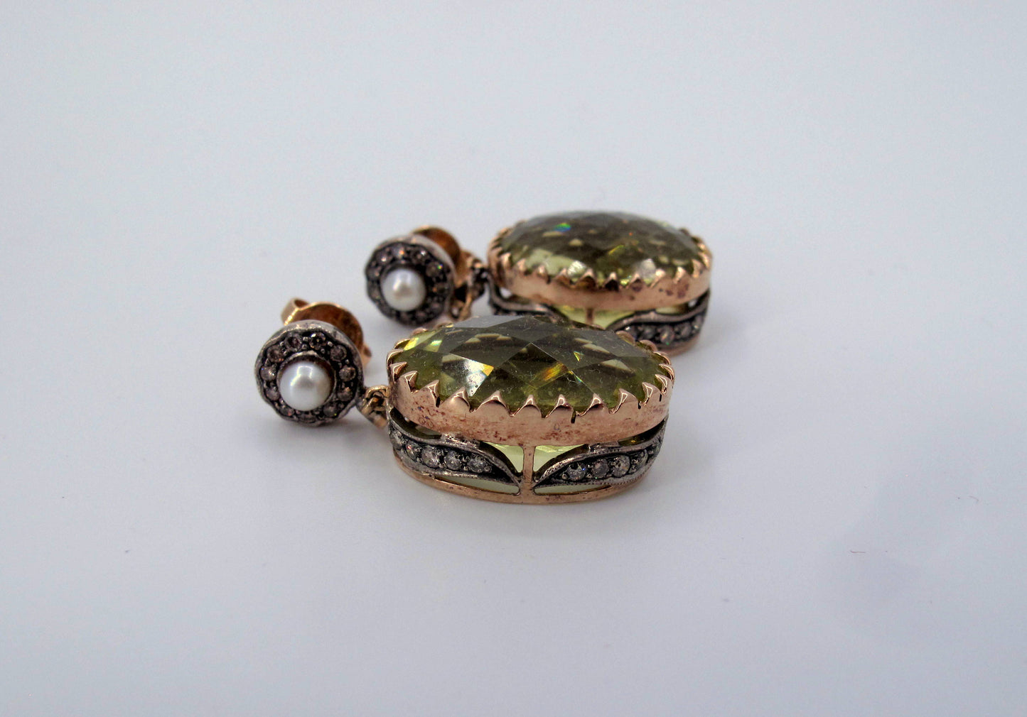 Vintage 18K Gold & Sterling Silver Citrine & Diamond Dangle Ladies Earrings