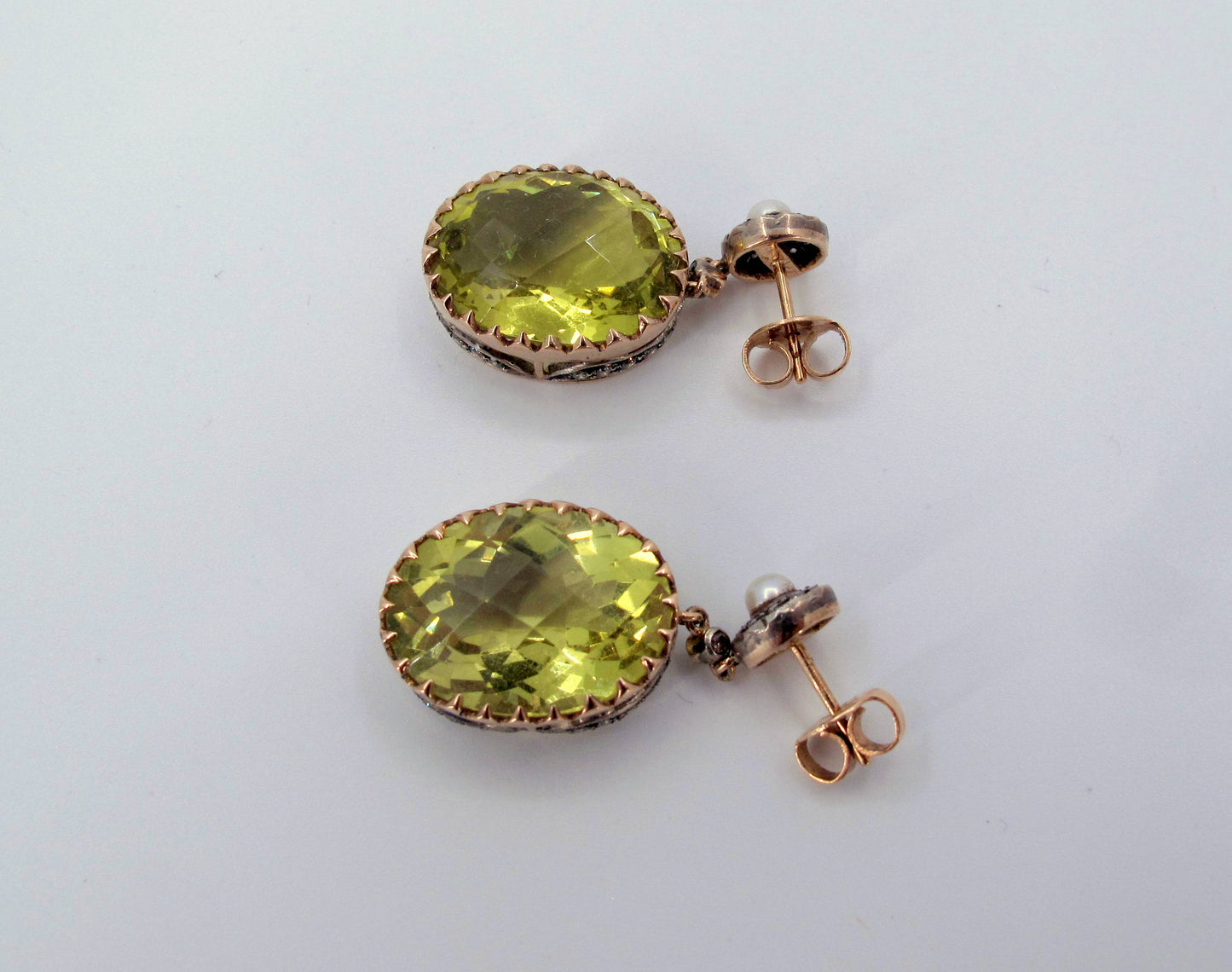 Vintage 18K Gold & Sterling Silver Citrine & Diamond Dangle Ladies Earrings