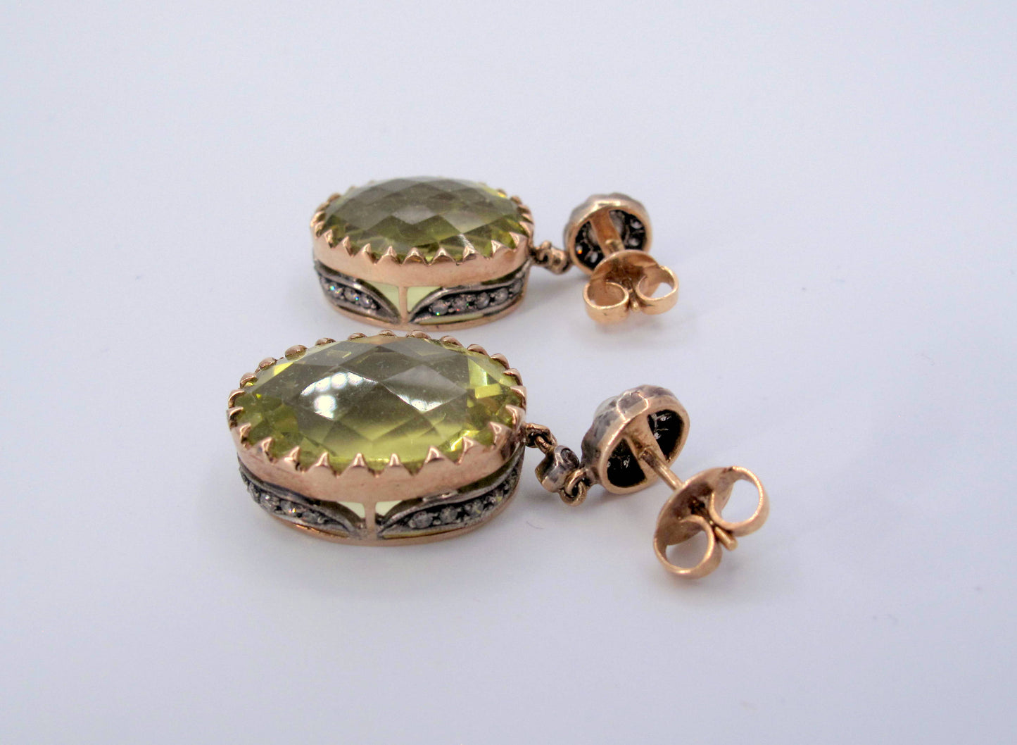 Vintage 18K Gold & Sterling Silver Citrine & Diamond Dangle Ladies Earrings