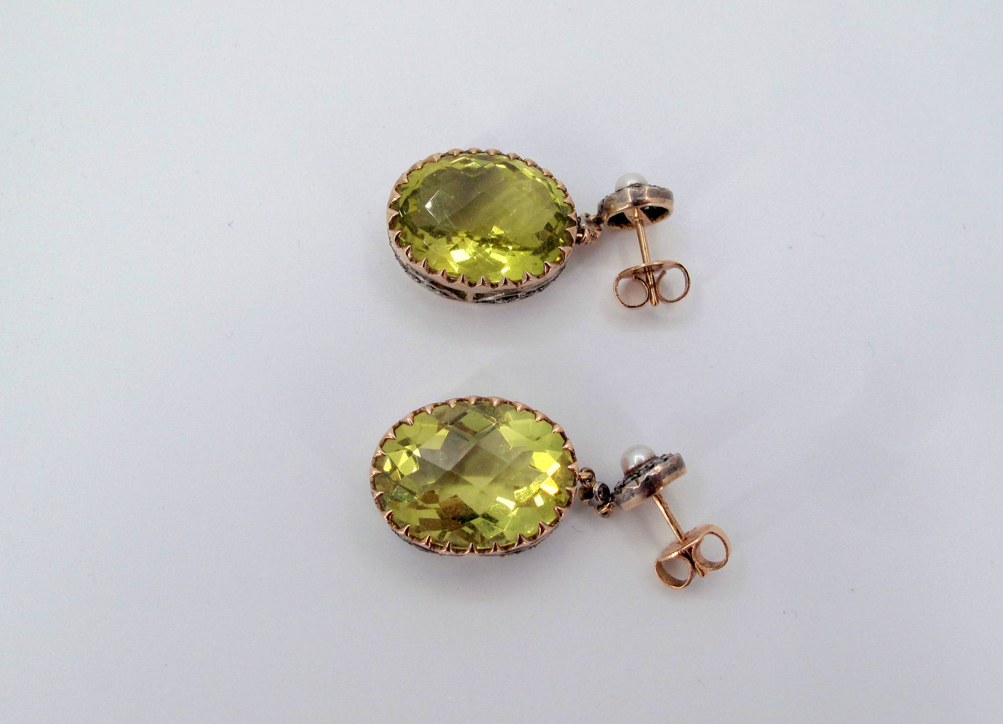 Vintage 18K Gold & Sterling Silver Citrine & Diamond Dangle Ladies Earrings