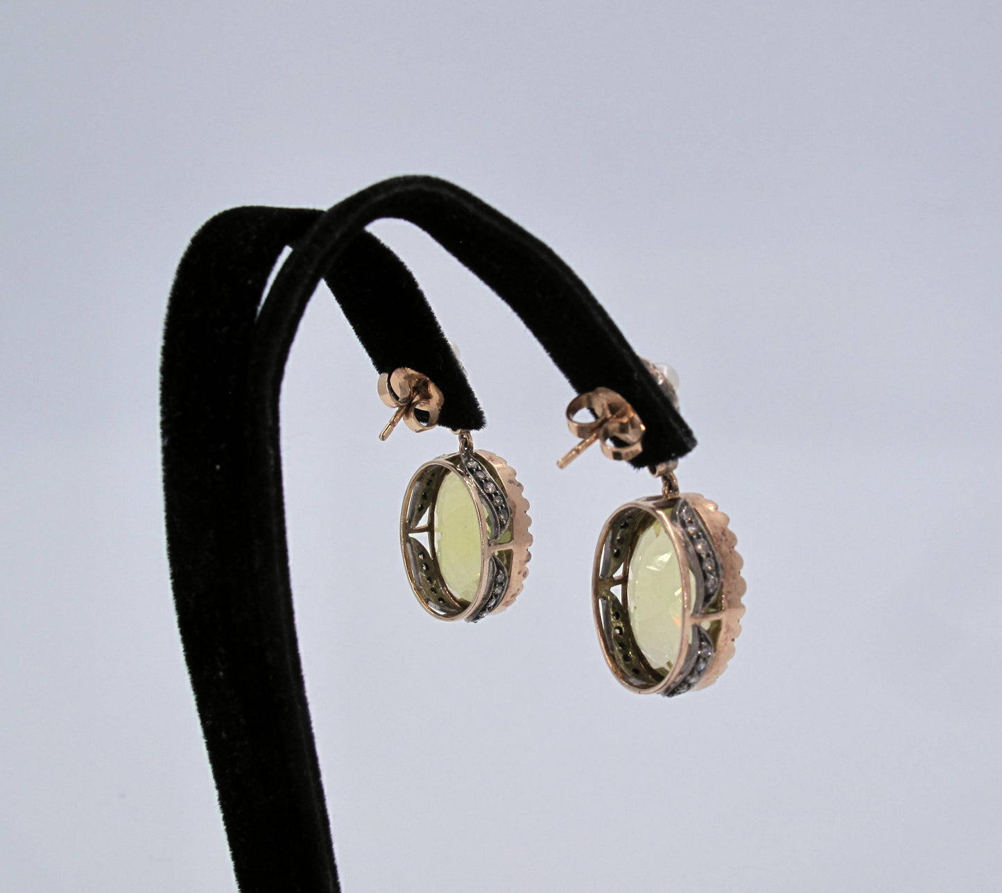 Vintage 18K Gold & Sterling Silver Citrine & Diamond Dangle Ladies Earrings