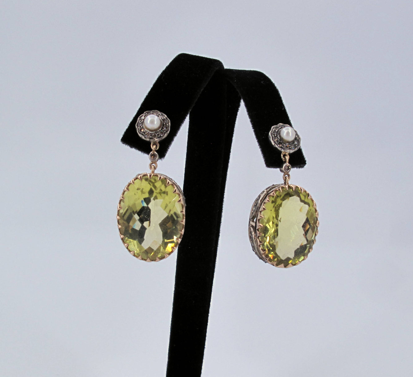 Vintage 18K Gold & Sterling Silver Citrine & Diamond Dangle Ladies Earrings