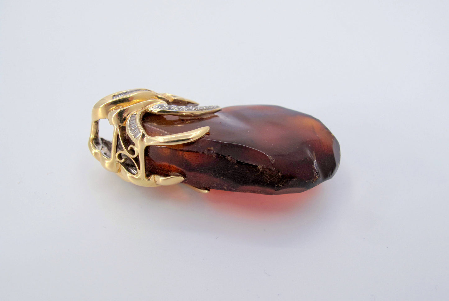 Vintage 14K Yellow Gold Amber Diamond Ladies Pendant Fine Jewelry
