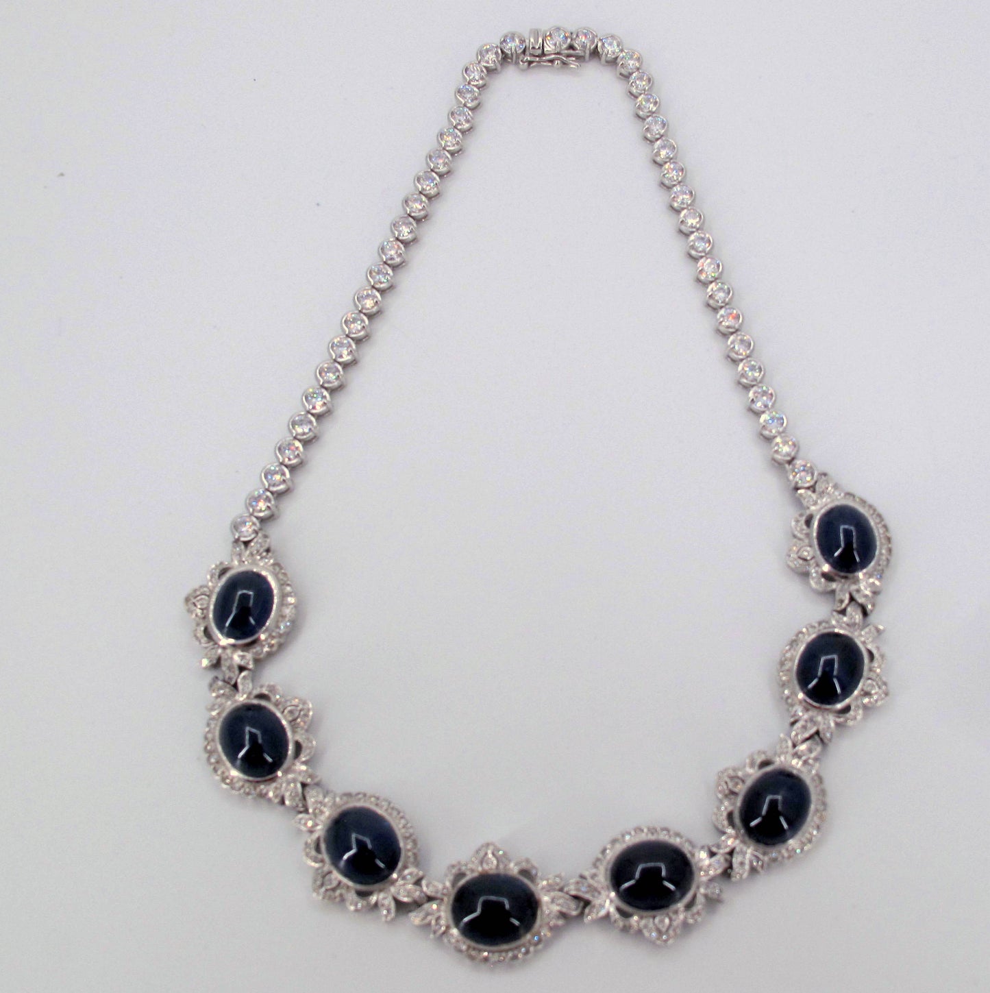 Sterling 925 Blue Sapphires & Zircon Ladies Necklace 15" Long