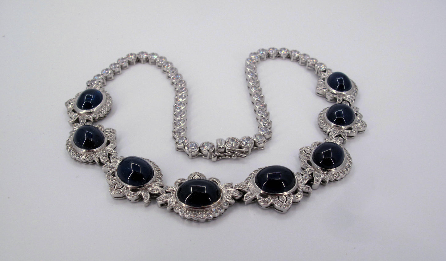 Sterling 925 Blue Sapphires & Zircon Ladies Necklace 15" Long