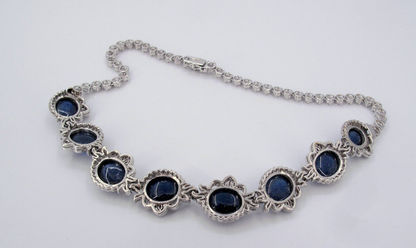 Sterling 925 Blue Sapphires & Zircon Ladies Necklace 15" Long