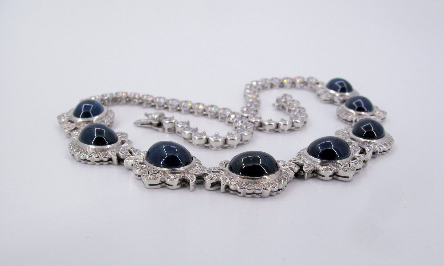 Sterling 925 Blue Sapphires & Zircon Ladies Necklace 15" Long