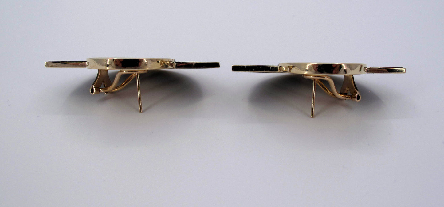 Stunning Retro 14K Gold M.O.P & Onyx Ladies Earrings Fine Jewelry