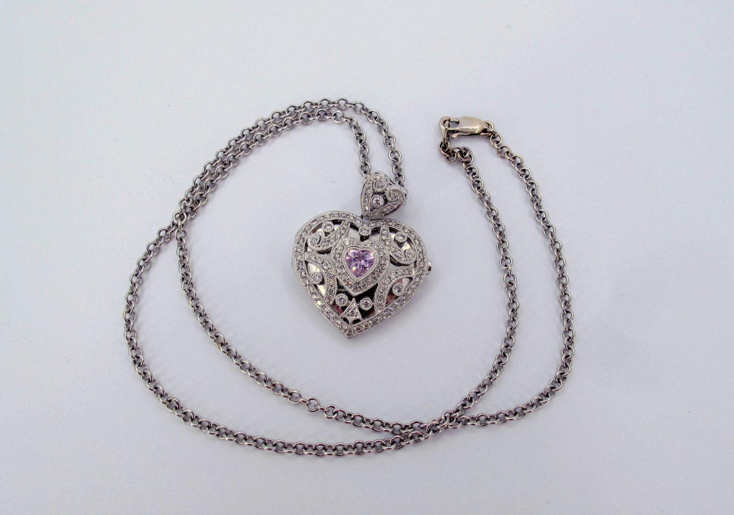 18k/14k Gold Pink Topaz Diamond Heart Locket Ladies Necklace 15" Long
