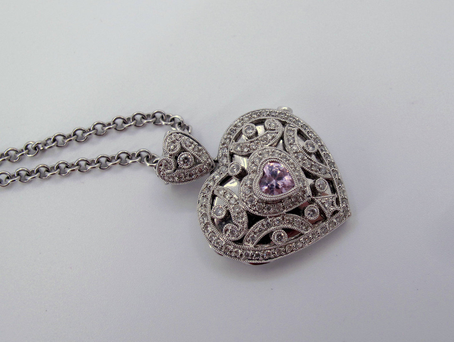 18k/14k Gold Pink Topaz Diamond Heart Locket Ladies Necklace 15" Long