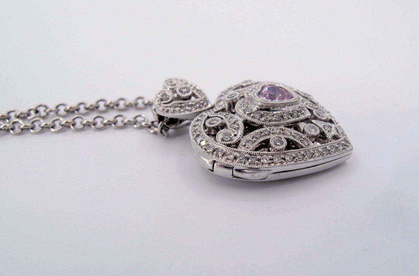 18k/14k Gold Pink Topaz Diamond Heart Locket Ladies Necklace 15" Long
