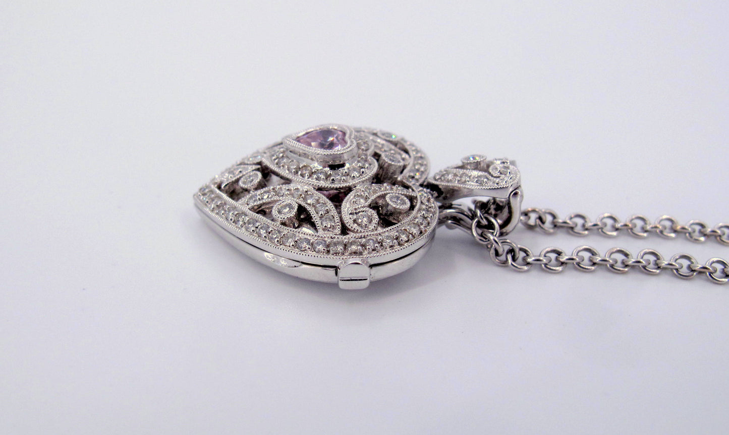 18k/14k Gold Pink Topaz Diamond Heart Locket Ladies Necklace 15" Long
