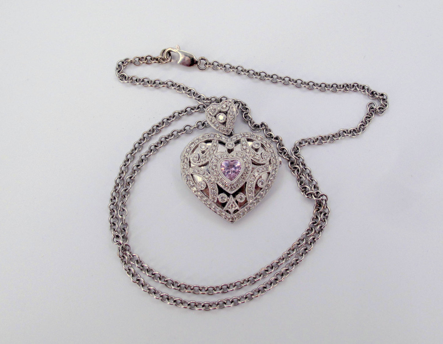 18k/14k Gold Pink Topaz Diamond Heart Locket Ladies Necklace 15" Long