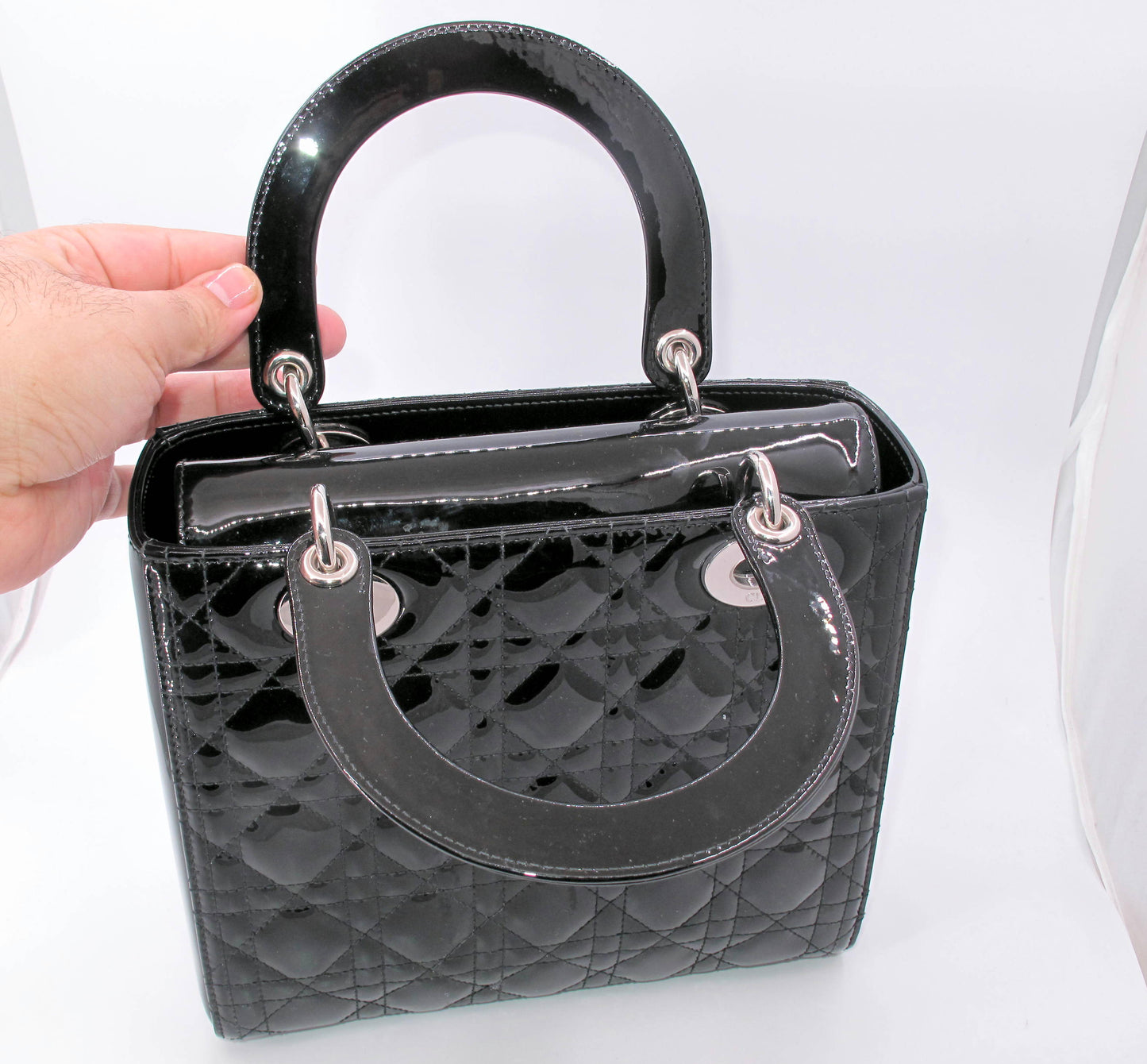 Original Christian Dior "Lady Dior" Cannage Black Patent Ladies Handbag