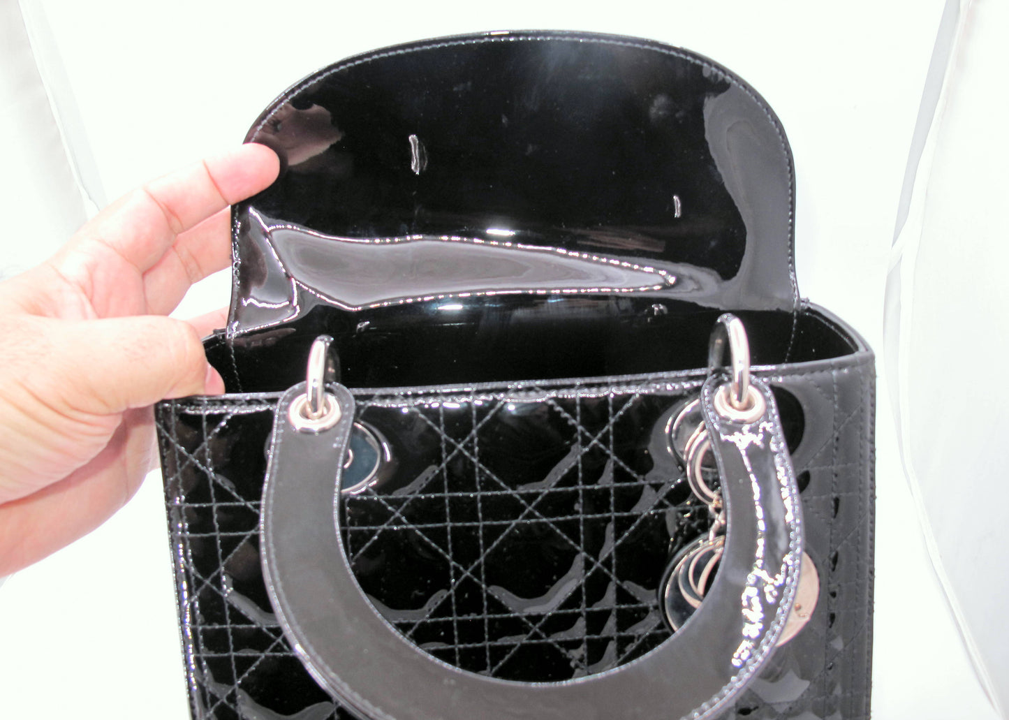 Original Christian Dior "Lady Dior" Cannage Black Patent Ladies Handbag