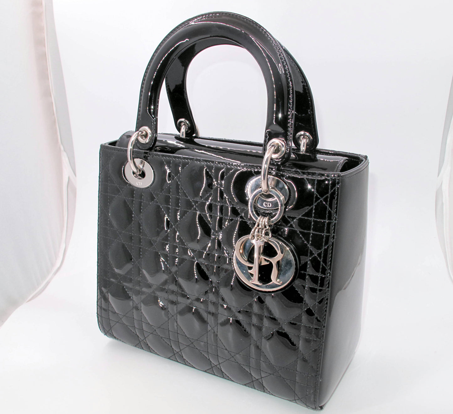 Original Christian Dior "Lady Dior" Cannage Black Patent Ladies Handbag