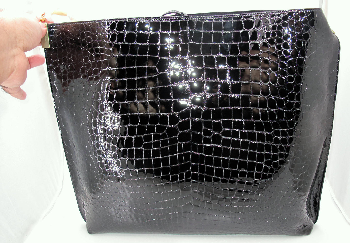 Original YVES SAINT LAURENT Crocodile Effect Black Tote Handbag W/Pouch