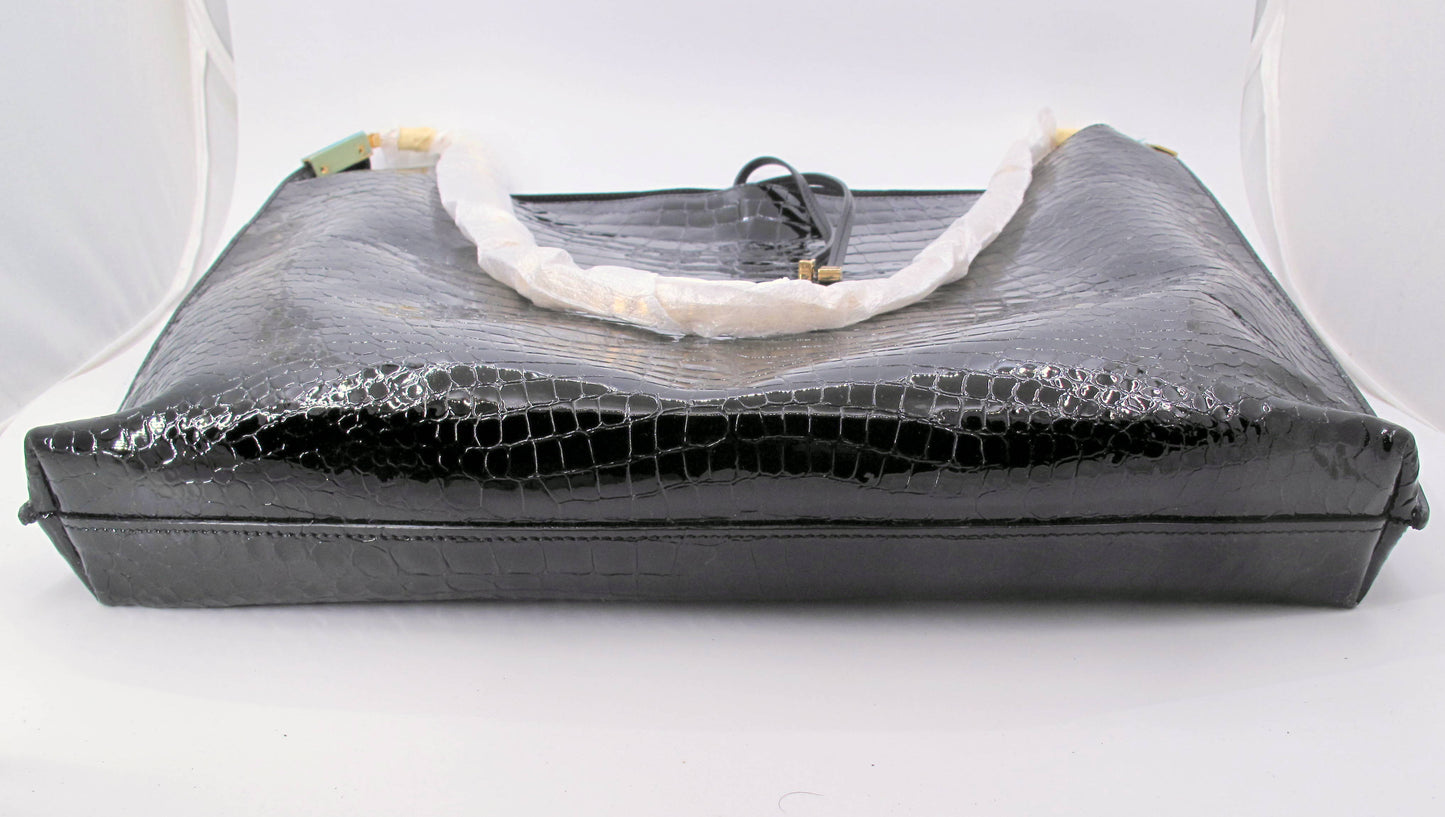 Original YVES SAINT LAURENT Crocodile Effect Black Tote Handbag W/Pouch
