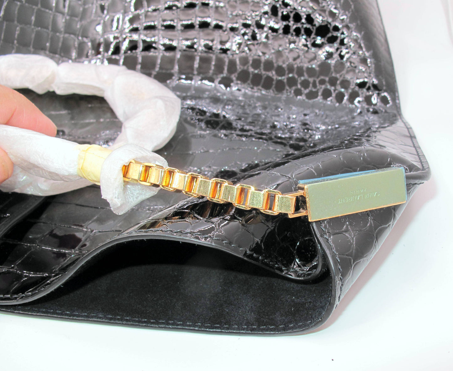 Original YVES SAINT LAURENT Crocodile Effect Black Tote Handbag W/Pouch