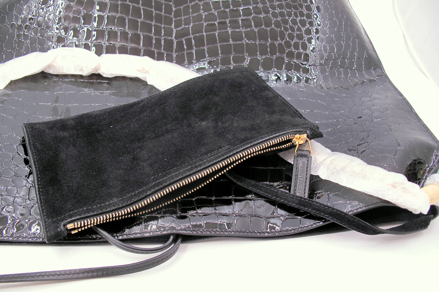 Original YVES SAINT LAURENT Crocodile Effect Black Tote Handbag W/Pouch