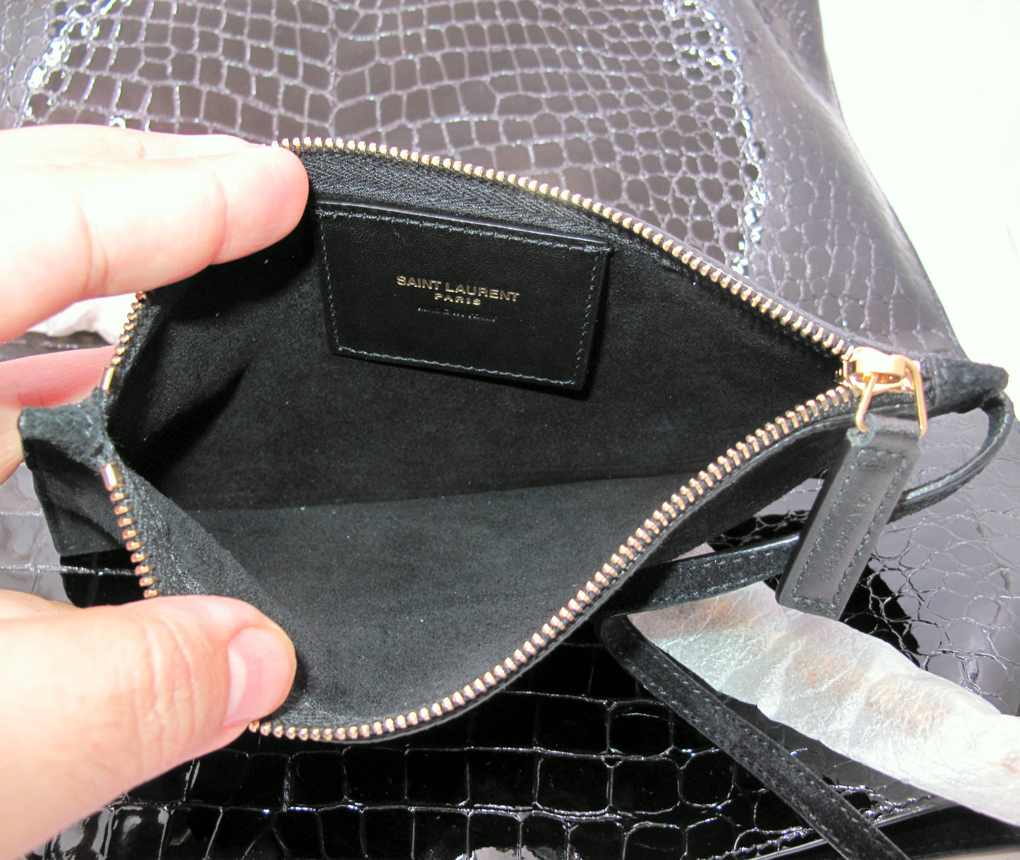 Original YVES SAINT LAURENT Crocodile Effect Black Tote Handbag W/Pouch