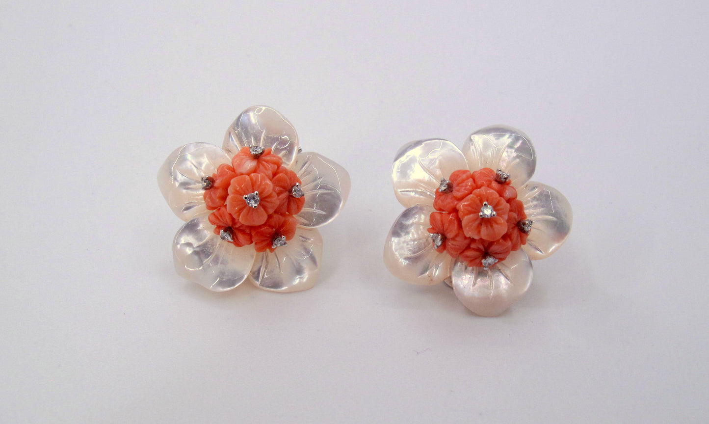 Stunning 18K Gold M.O.P-Coral-Diamond Ladies Earrings Fine Jewelry