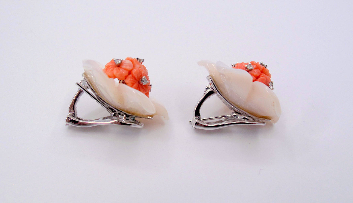 Stunning 18K Gold M.O.P-Coral-Diamond Ladies Earrings Fine Jewelry