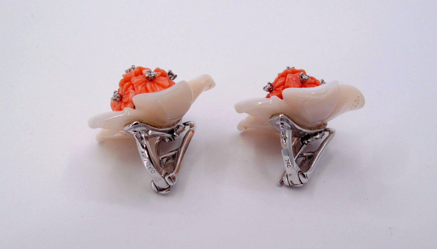 Stunning 18K Gold M.O.P-Coral-Diamond Ladies Earrings Fine Jewelry
