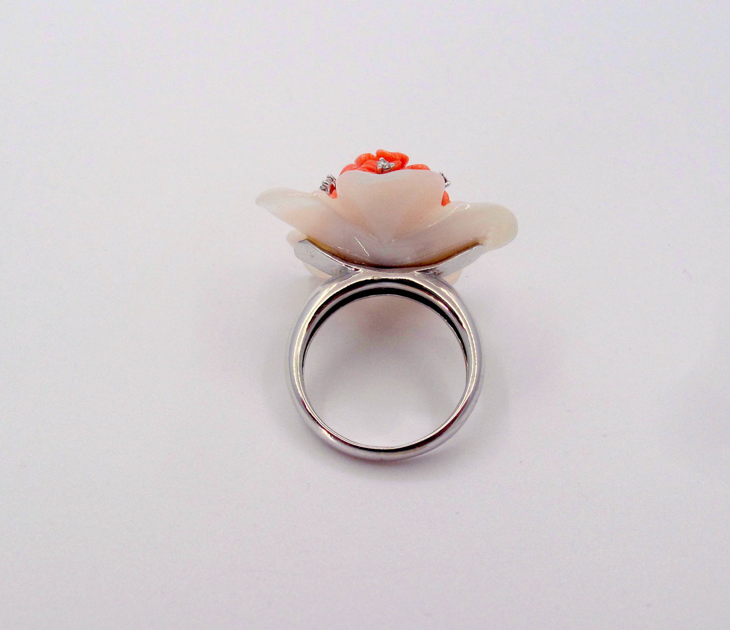 Stunning 18K Gold M.O.P-Coral-Diamond Ladies Ring Fine Jewelry Size 5.25