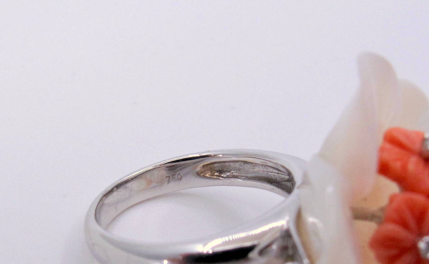 Stunning 18K Gold M.O.P-Coral-Diamond Ladies Ring Fine Jewelry Size 5.25