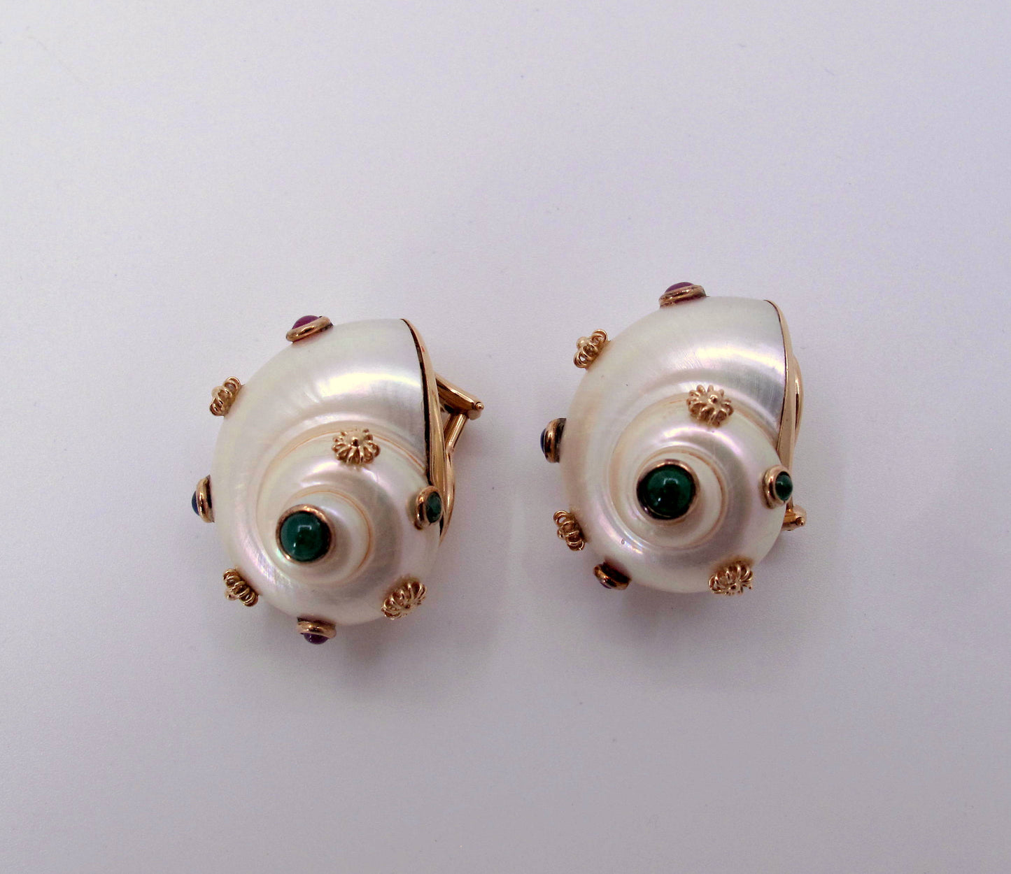 Stunning 14K Gold MAZ Seashell Multi-Gemstones Ladies Earrings