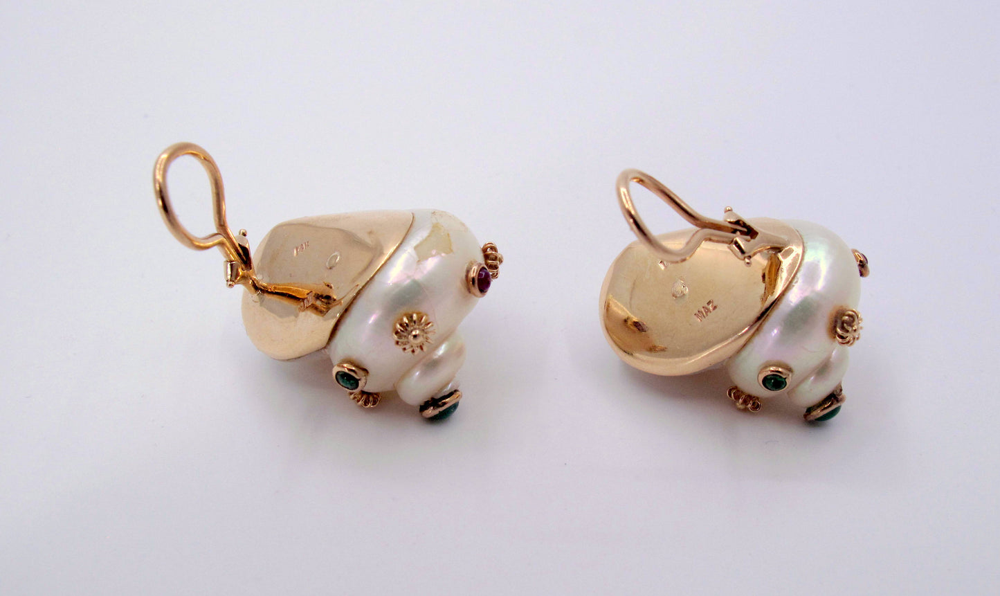 Stunning 14K Gold MAZ Seashell Multi-Gemstones Ladies Earrings