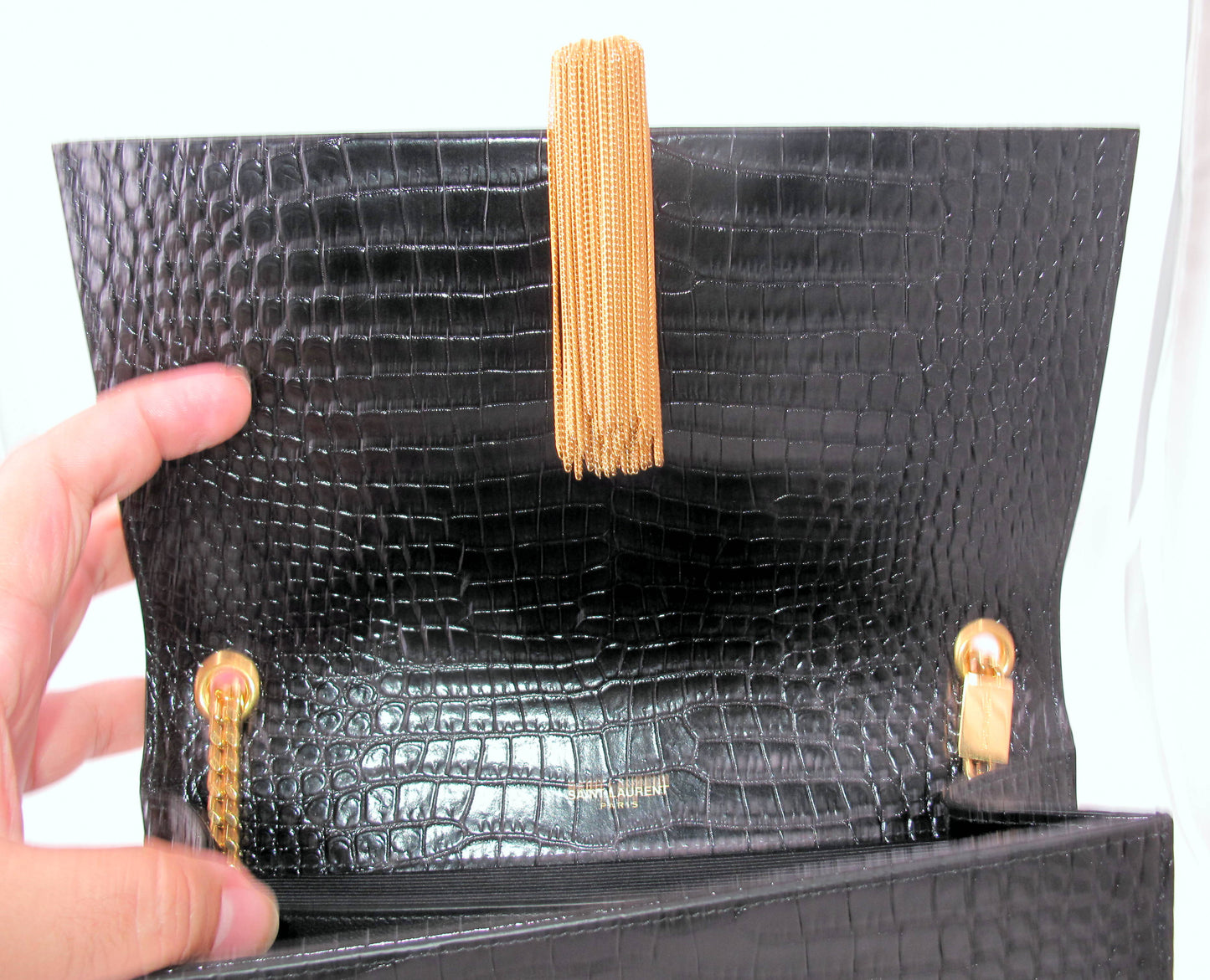 Original YVES SAINT LAURENT "KATE" Crocodile Effect Black Shoulder bag