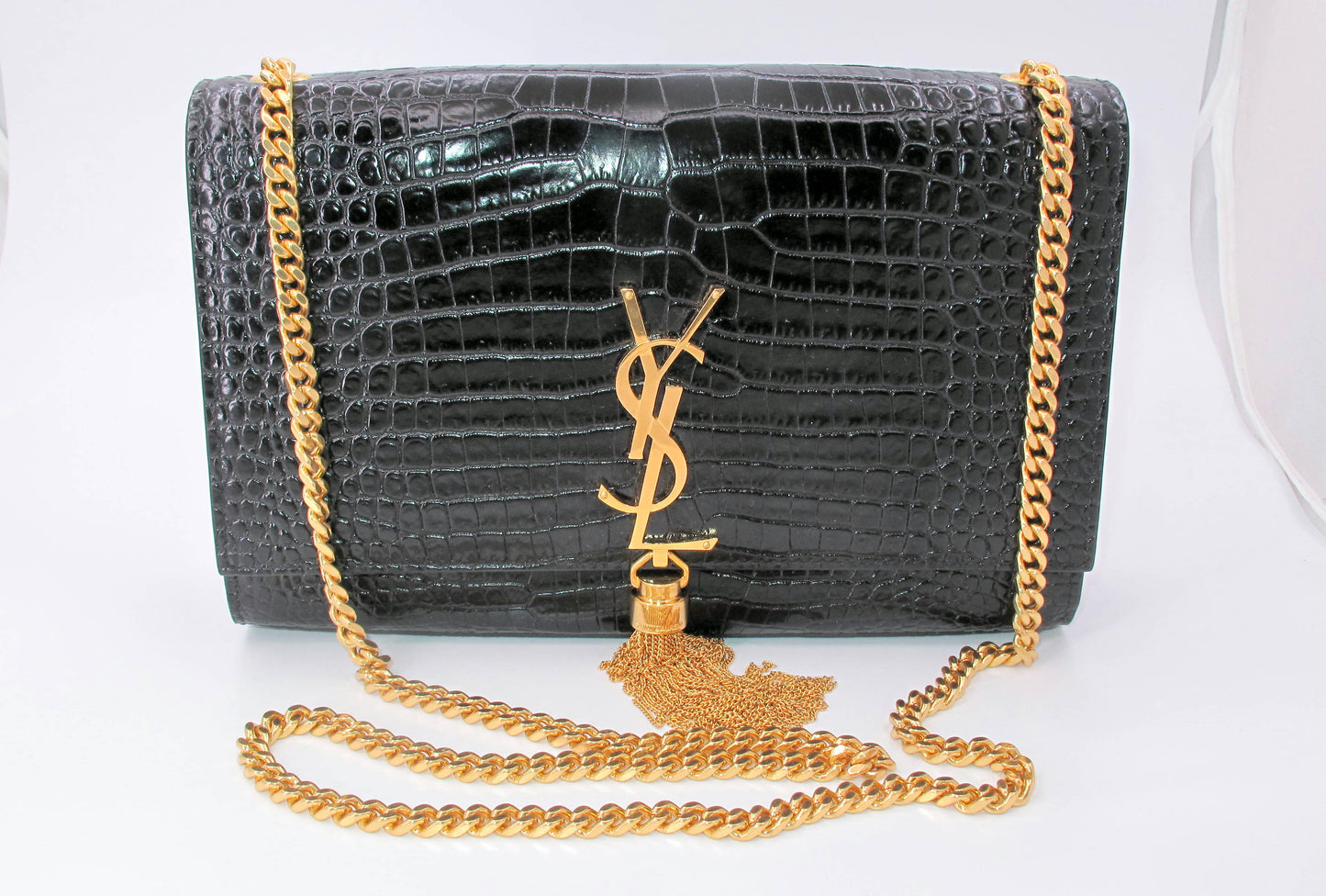 Original YVES SAINT LAURENT "KATE" Crocodile Effect Black Shoulder bag