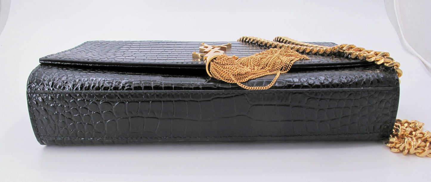 Original YVES SAINT LAURENT "KATE" Crocodile Effect Black Shoulder bag
