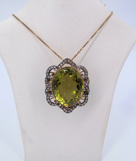 Vintage 18K Gold & Sterling Silver Citrine & Diamond Pendant Fine Jewelry