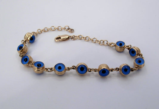 Estate 14K Gold Blue Evil Eye Ladies Bracelet Fine Jewelry 7.5" Long