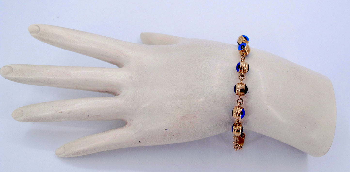 Estate 14K Gold Blue Evil Eye Ladies Bracelet Fine Jewelry 7.5" Long
