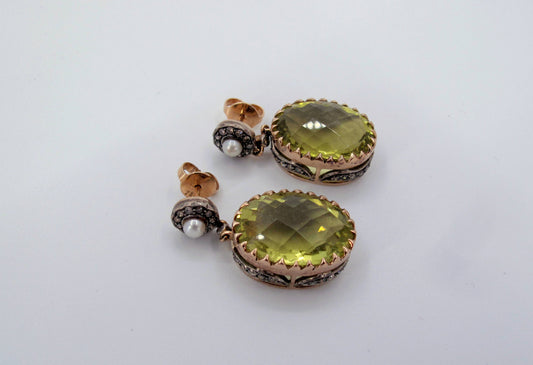 Vintage 18K Gold & Sterling Silver Citrine & Diamond Dangle Ladies Earrings