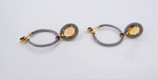 18K Gold & STainless Steel Charriol Cable Citrine Dangle Earrings