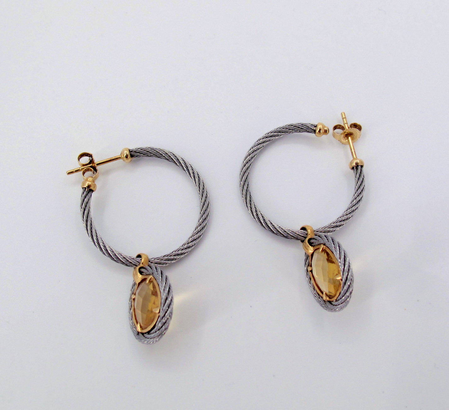 18K Gold & STainless Steel Charriol Cable Citrine Dangle Earrings