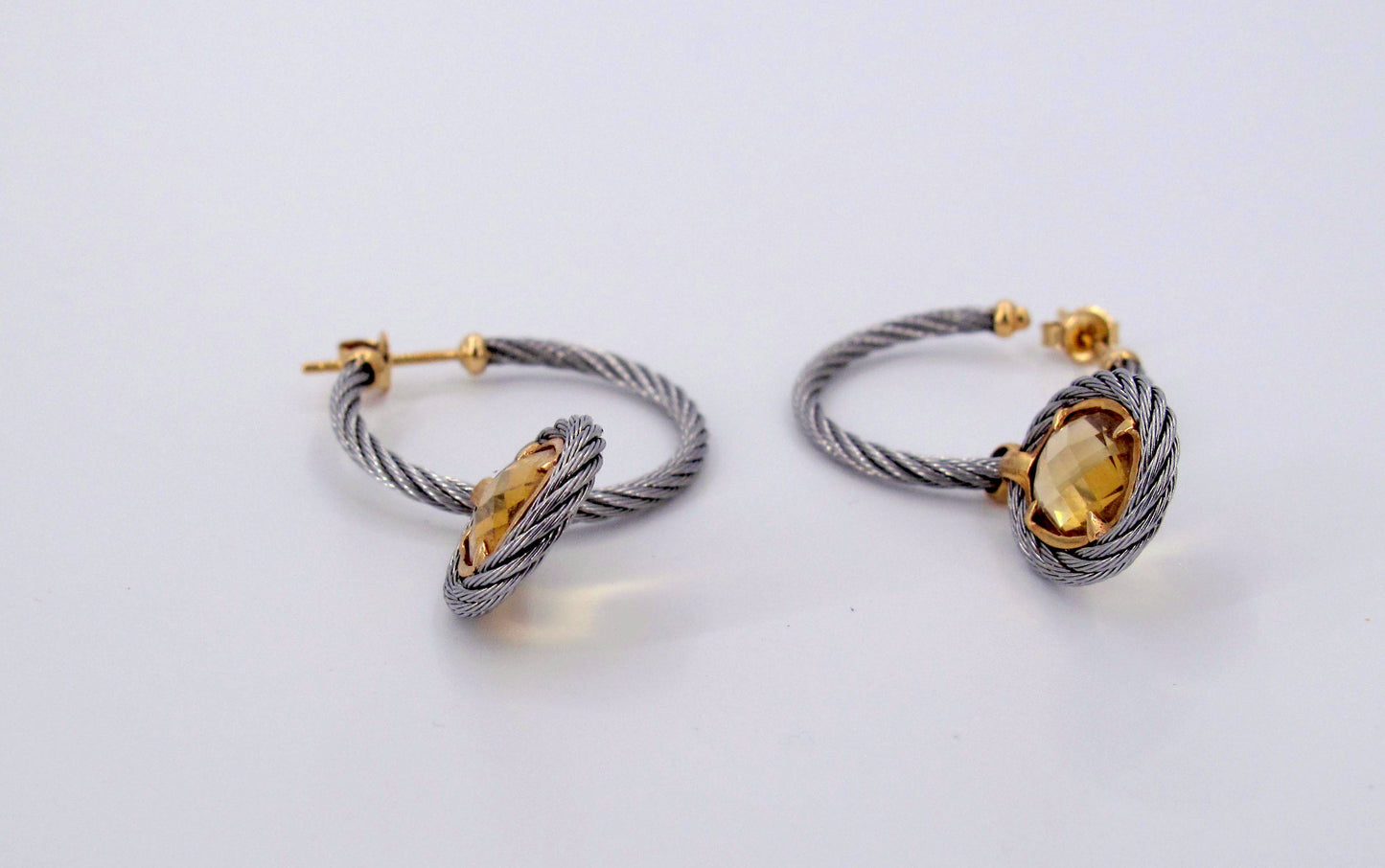 18K Gold & STainless Steel Charriol Cable Citrine Dangle Earrings